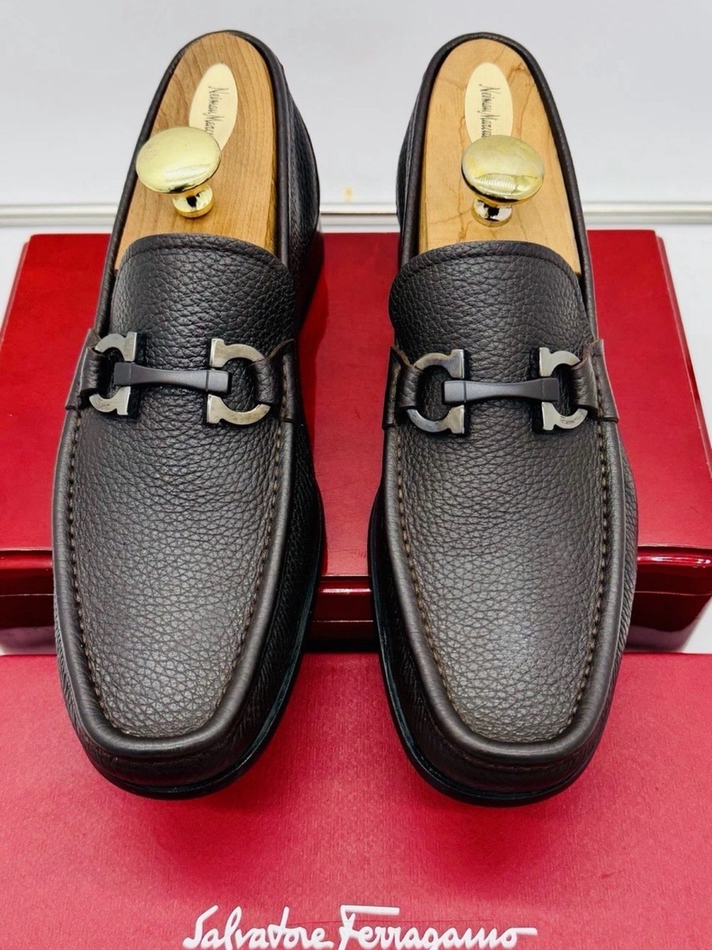 Salvatore Ferragamo Men’s Dark Brown Pebbled Leather Gancini Loafers